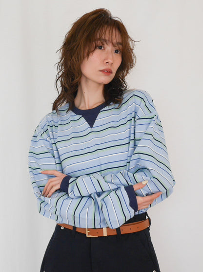 Big silhouette マルチボーダーVガゼットロングTシャツ