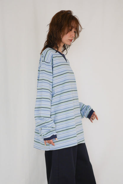 Big silhouette マルチボーダーVガゼットロングTシャツ