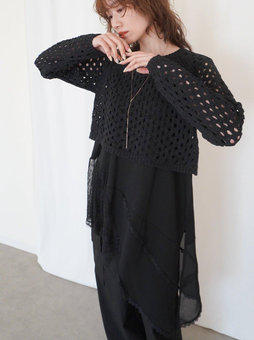 Asymmetry mixed materials タンクトップドレス