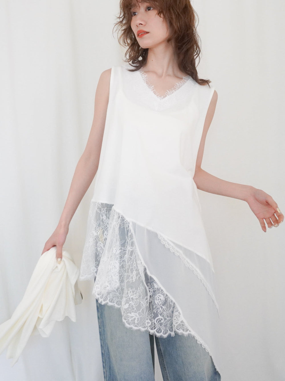 Asymmetry mixed materials タンクトップドレス