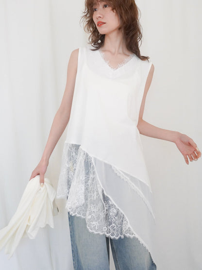 Asymmetry mixed materials タンクトップドレス