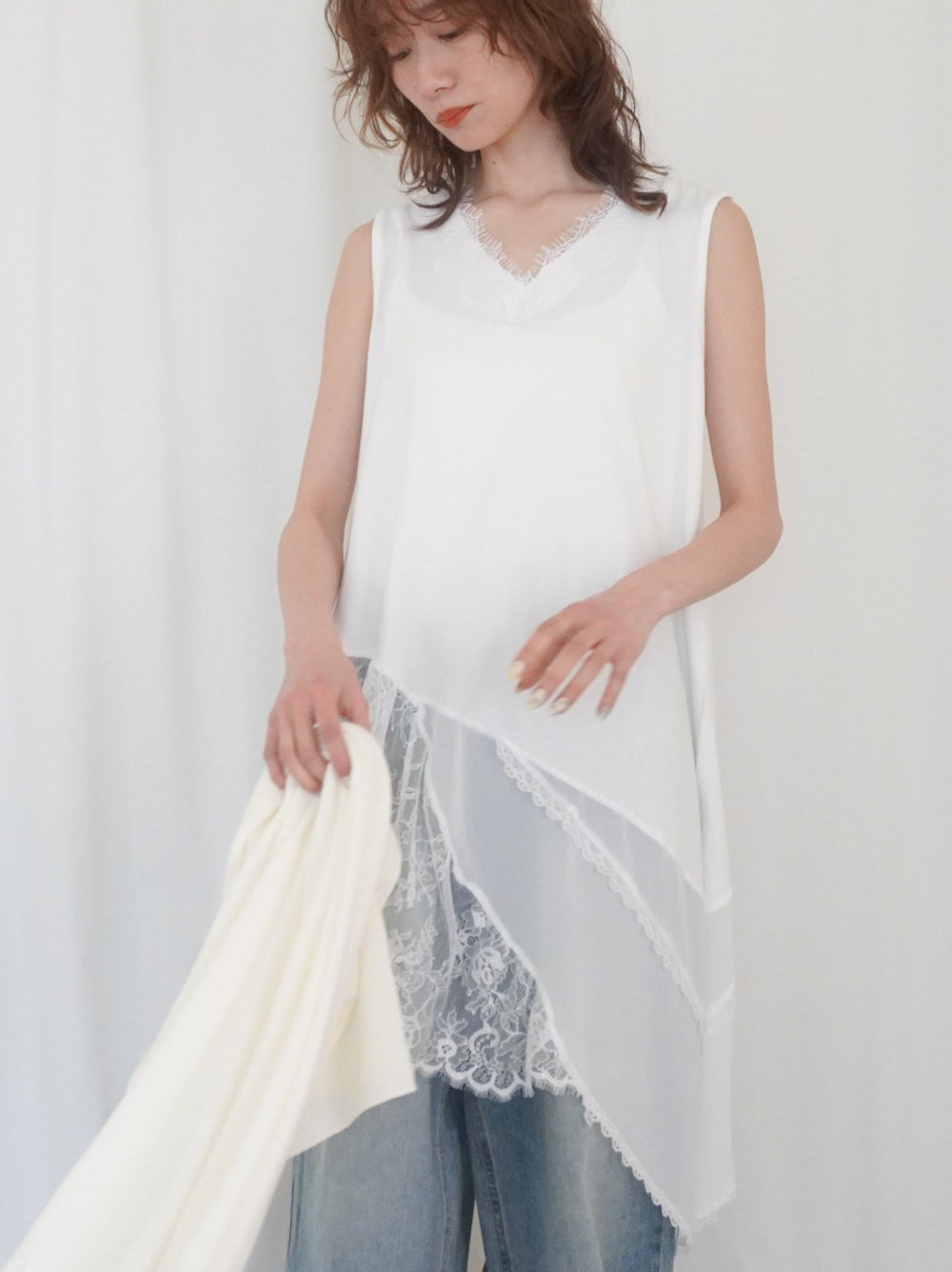 Asymmetry mixed materials タンクトップドレス