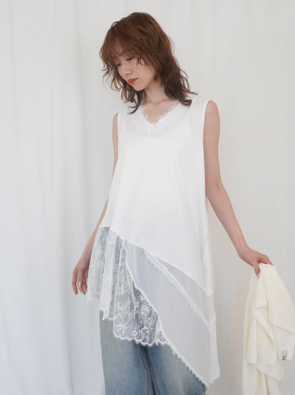 Asymmetry mixed materials タンクトップドレス
