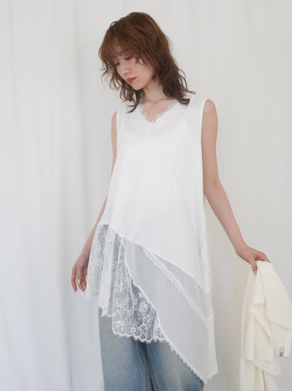 Asymmetry mixed materials タンクトップドレス