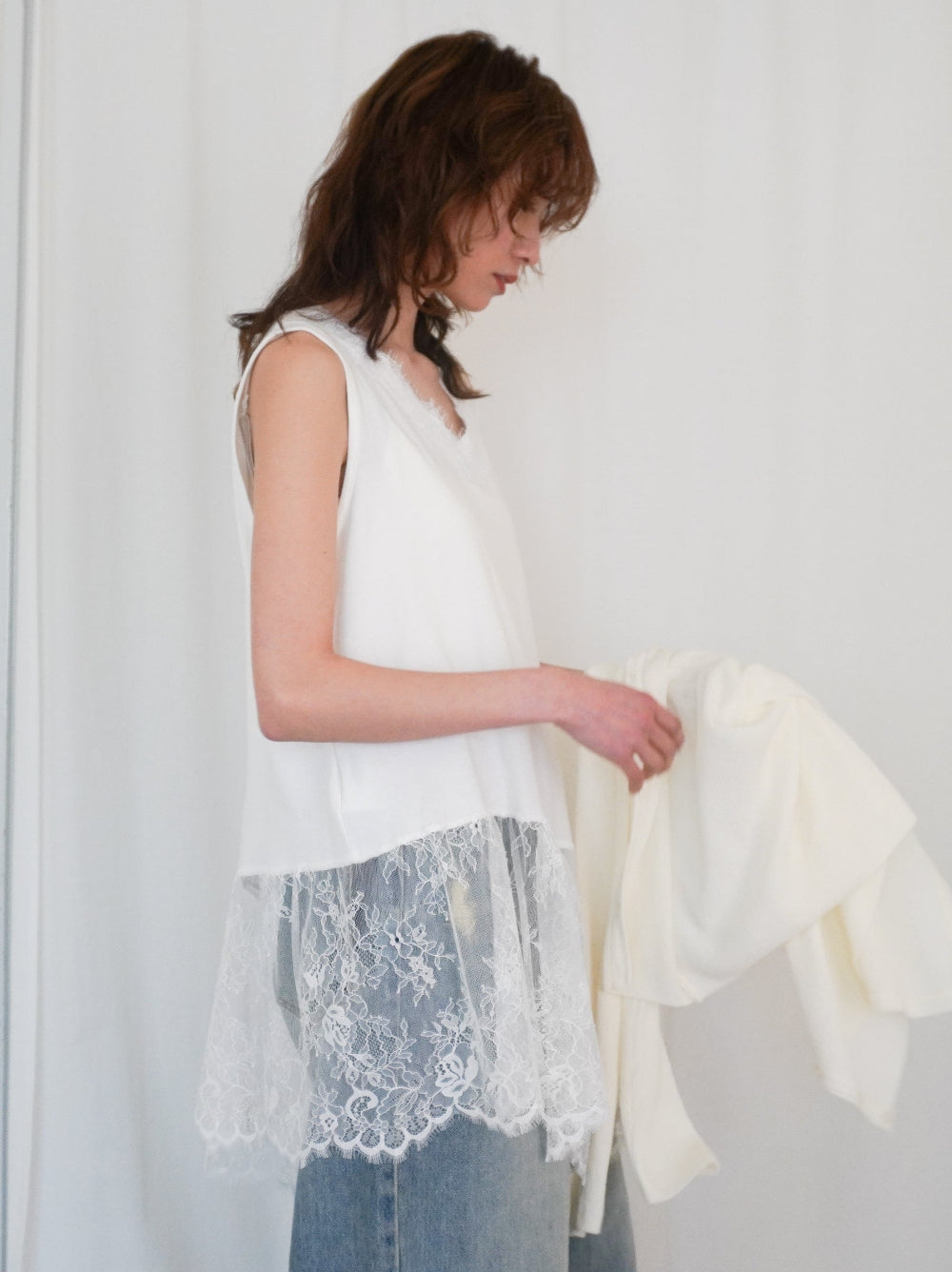 Asymmetry mixed materials タンクトップドレス