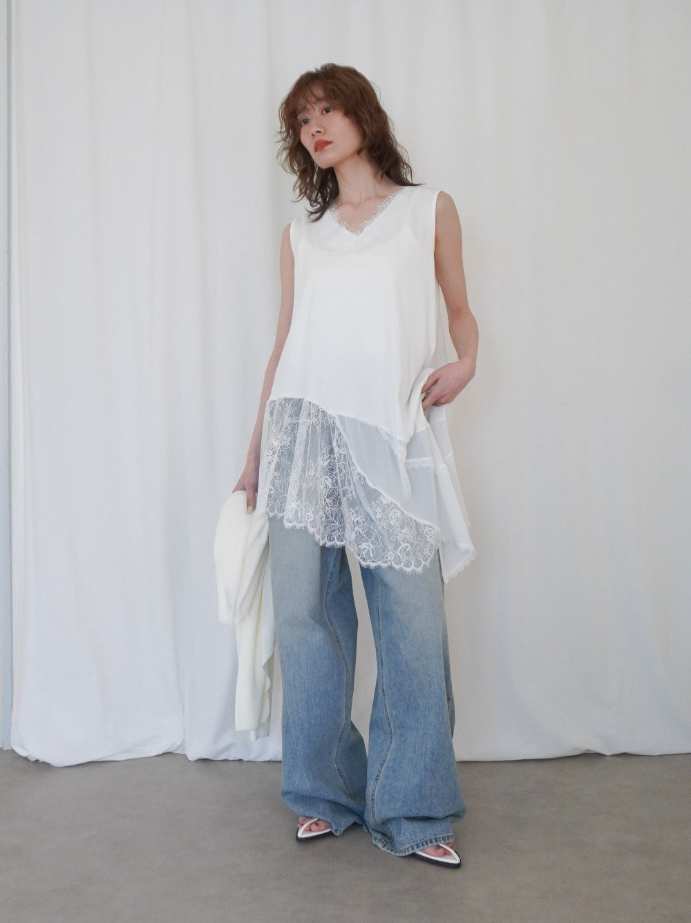 Asymmetry mixed materials タンクトップドレス