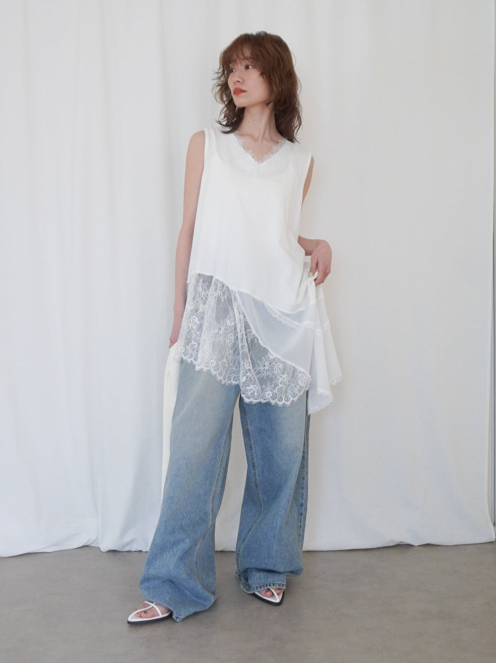 Asymmetry mixed materials タンクトップドレス
