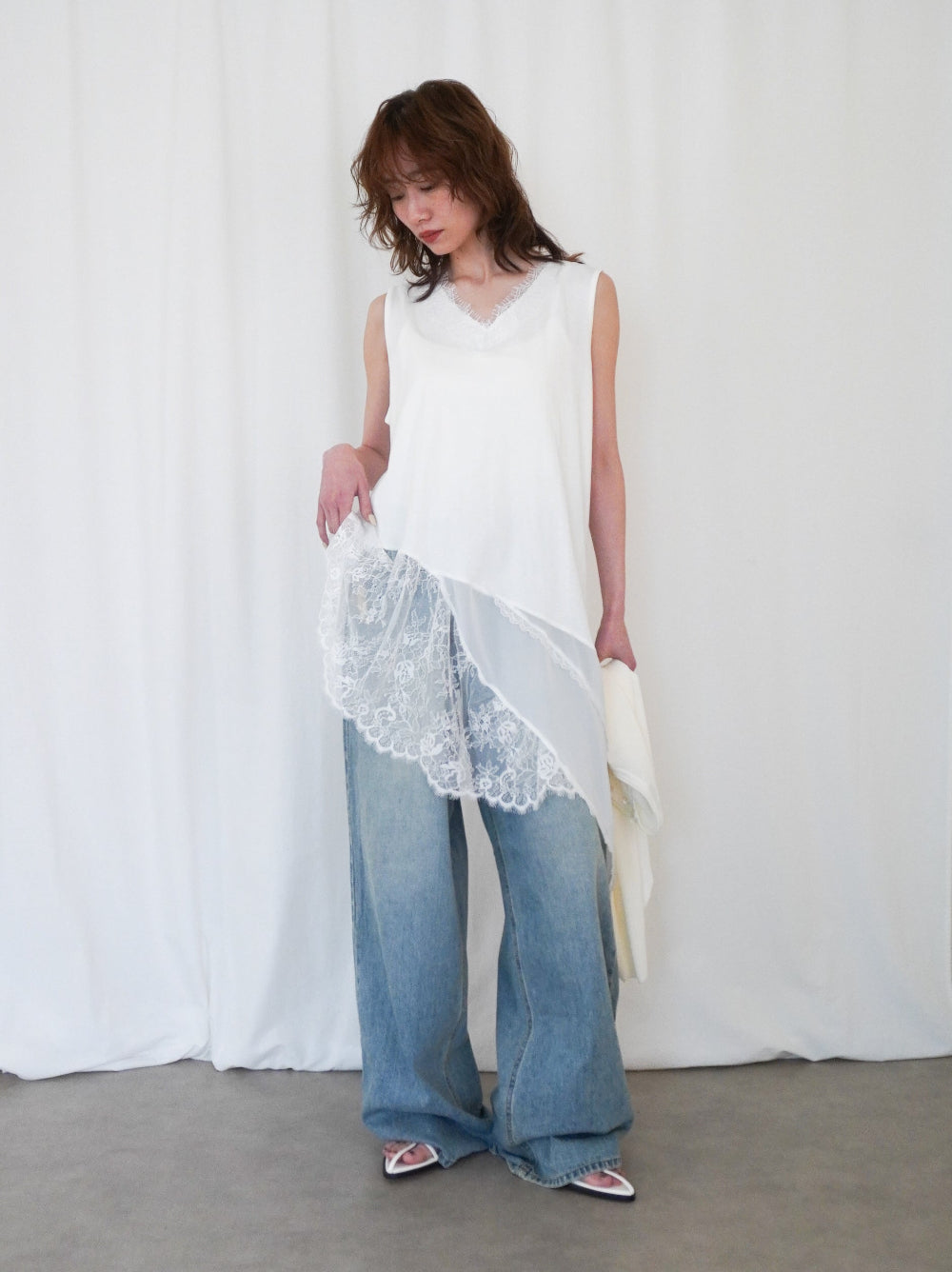 Asymmetry mixed materials タンクトップドレス