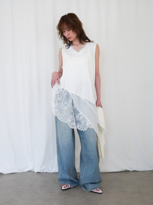 Asymmetry mixed materials タンクトップドレス
