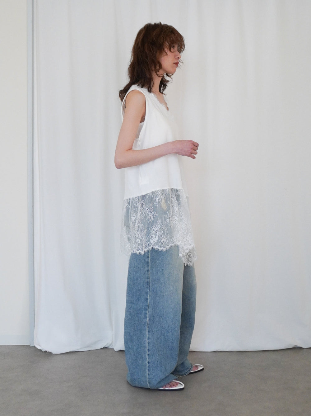 Asymmetry mixed materials タンクトップドレス