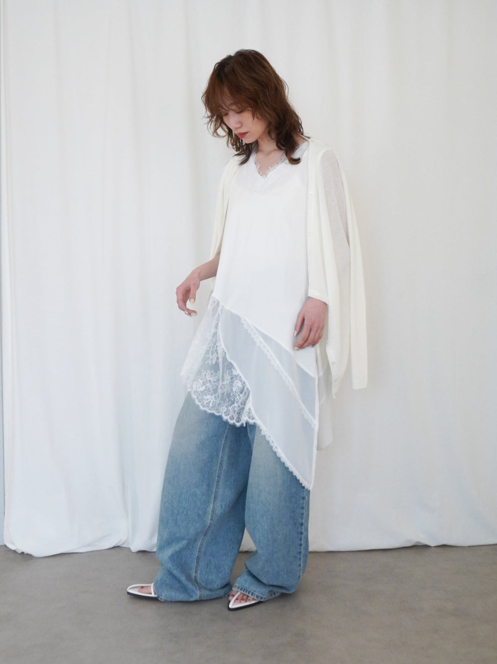 Asymmetry mixed materials タンクトップドレス