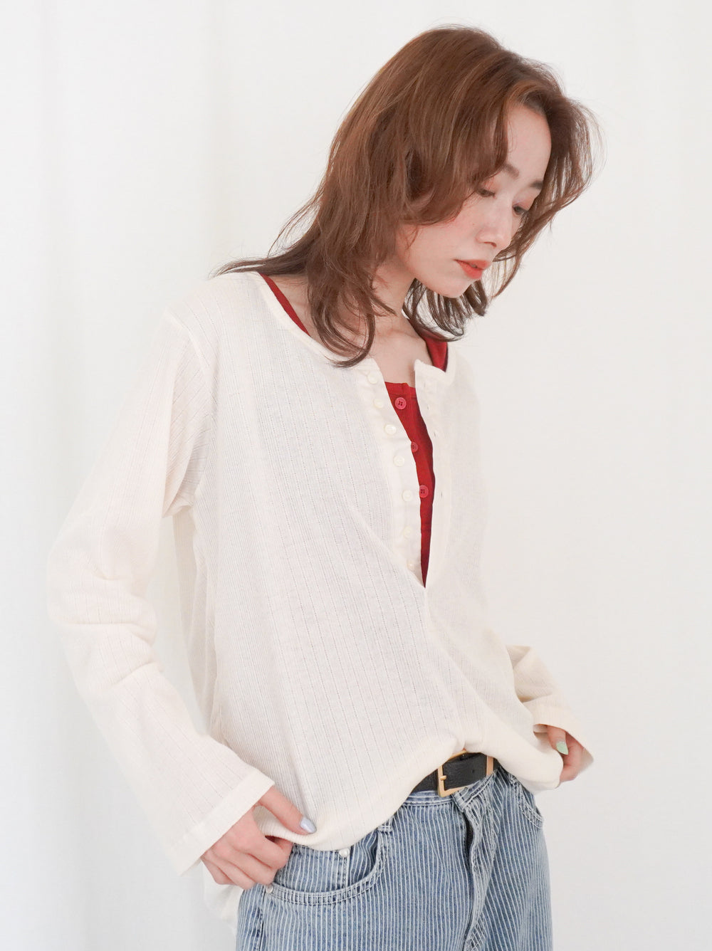 Eyelet pointelle 2WAYロールアップヘンリートップス