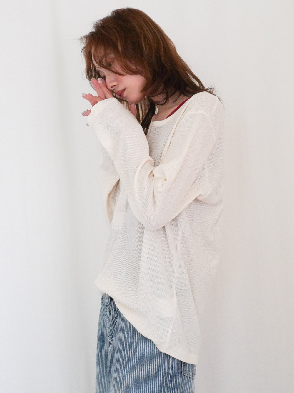 Eyelet pointelle 2WAYロールアップヘンリートップス