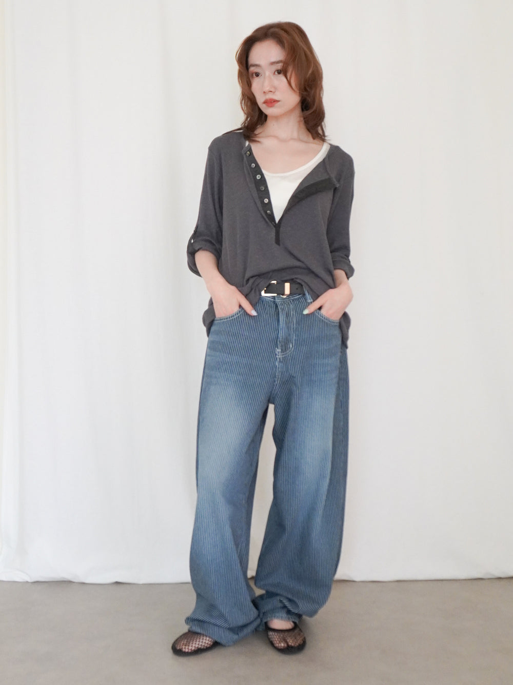 Eyelet pointelle 2WAYロールアップヘンリートップス