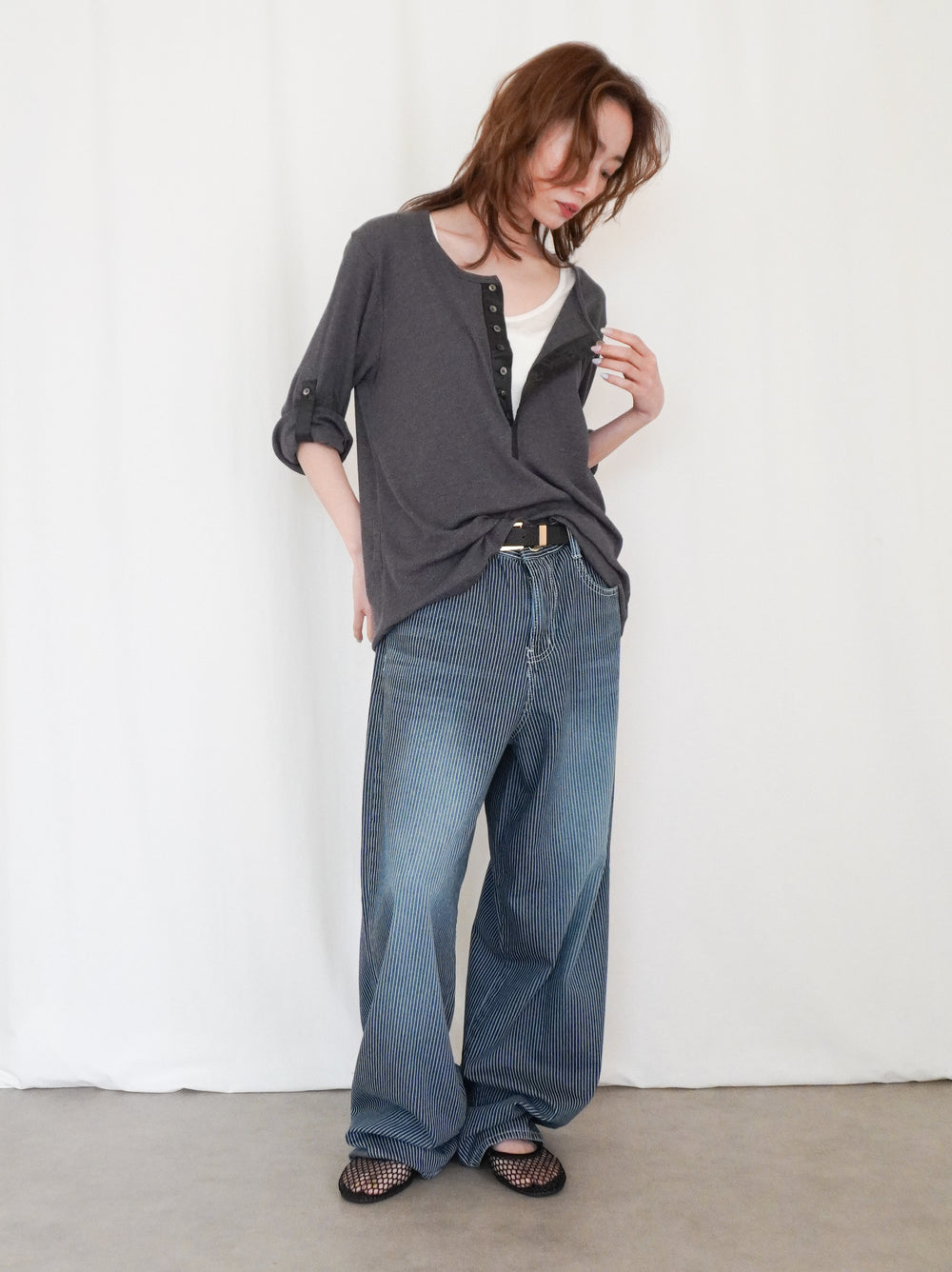 Eyelet pointelle 2WAYロールアップヘンリートップス