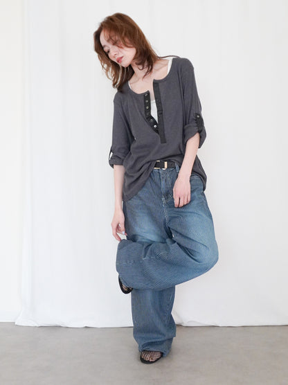 Eyelet pointelle 2WAYロールアップヘンリートップス