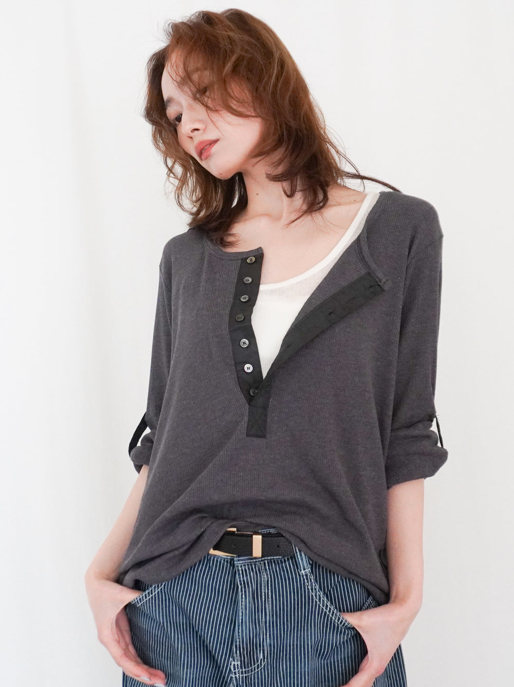 Eyelet pointelle 2WAYロールアップヘンリートップス