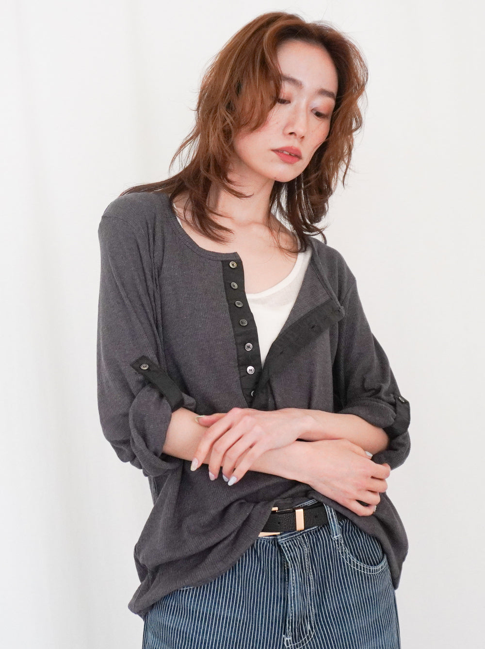 Eyelet pointelle 2WAYロールアップヘンリートップス