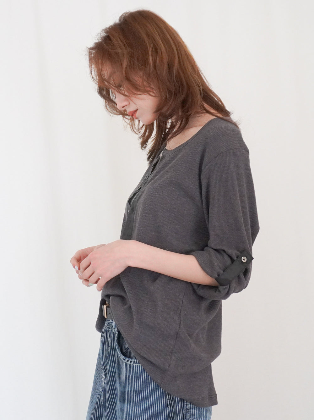 Eyelet pointelle 2WAYロールアップヘンリートップス