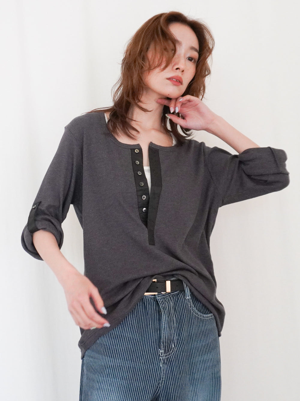 Eyelet pointelle 2WAYロールアップヘンリートップス