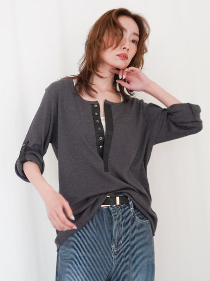 Eyelet pointelle 2WAYロールアップヘンリートップス