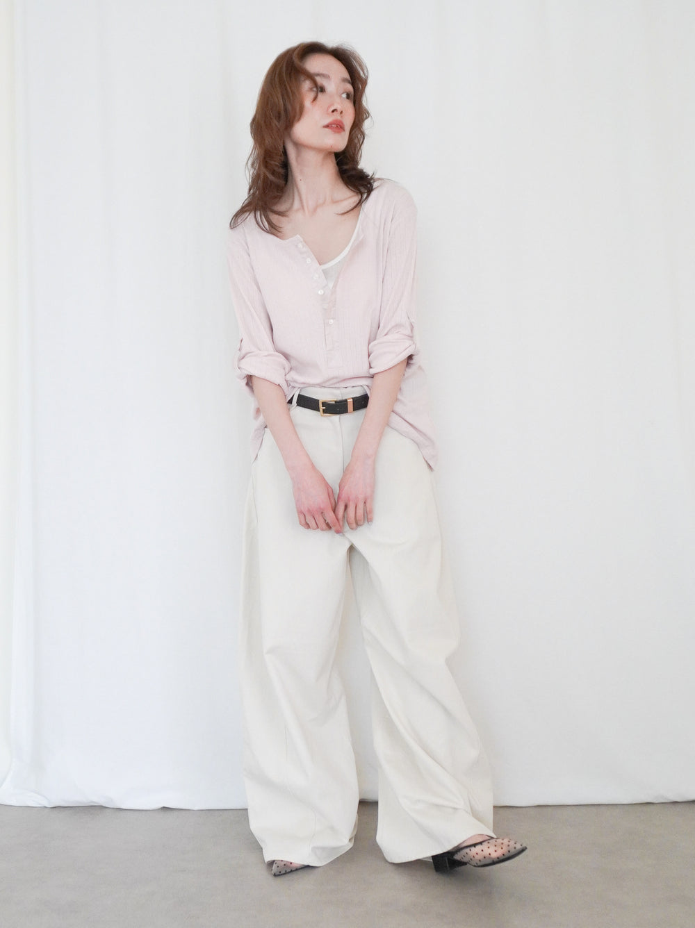 Eyelet pointelle 2WAYロールアップヘンリートップス