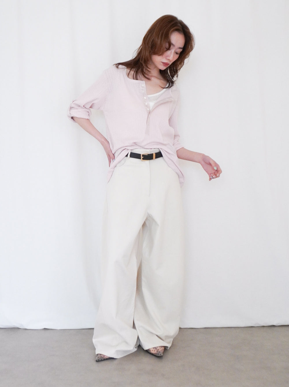 Eyelet pointelle 2WAYロールアップヘンリートップス
