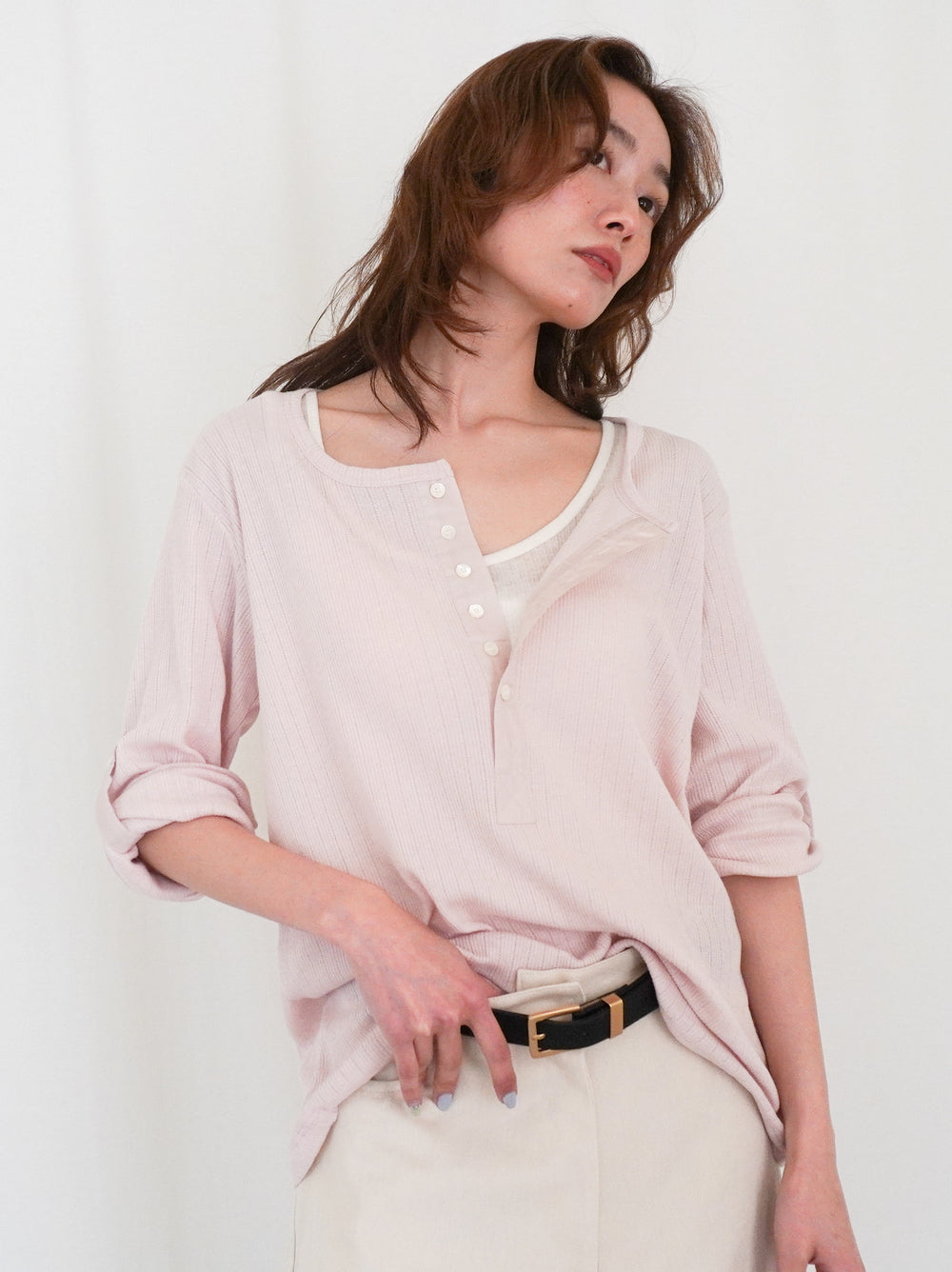Eyelet pointelle 2WAYロールアップヘンリートップス