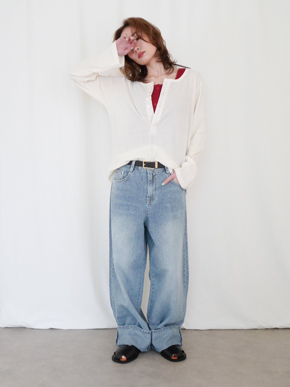 Eyelet pointelle 2WAYロールアップヘンリートップス