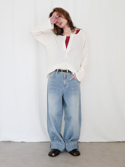 Eyelet pointelle 2WAYロールアップヘンリートップス