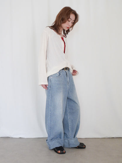 Eyelet pointelle 2WAYロールアップヘンリートップス