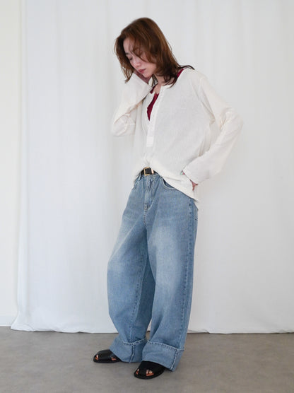 Eyelet pointelle 2WAYロールアップヘンリートップス