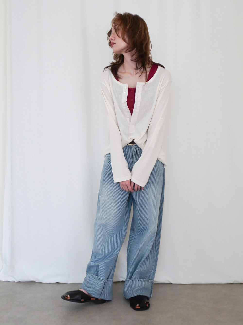 Eyelet pointelle 2WAYロールアップヘンリートップス