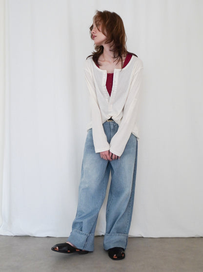 Eyelet pointelle 2WAYロールアップヘンリートップス