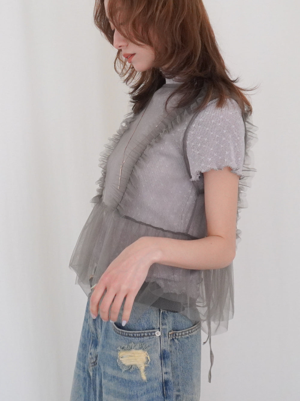 Ruffle tulle フロントリボン2WAYジレ