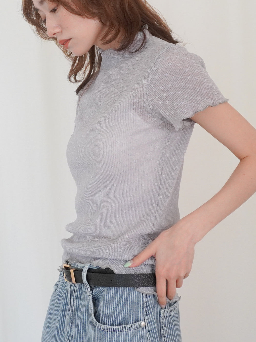 Puff textured sheer メロウハイネックトップス