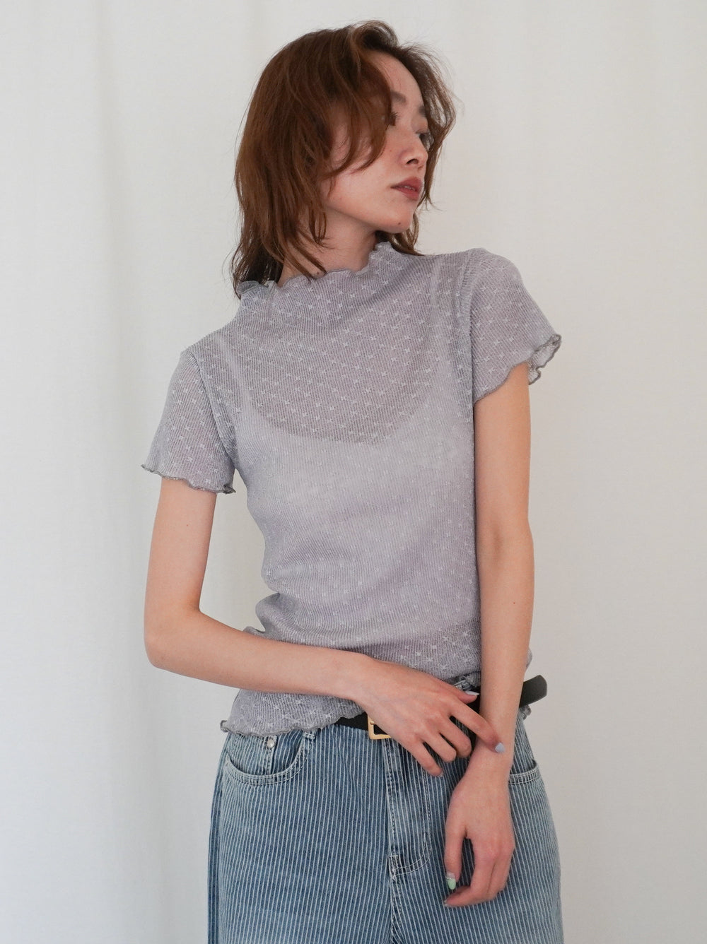 Puff textured sheer メロウハイネックトップス