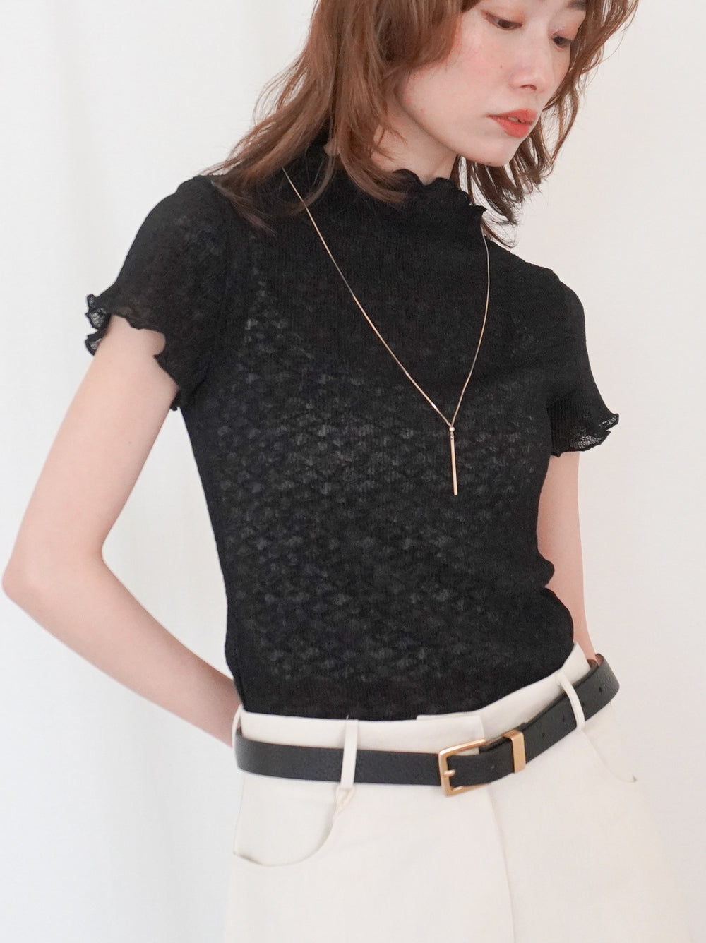 Puff textured sheer メロウハイネックトップス