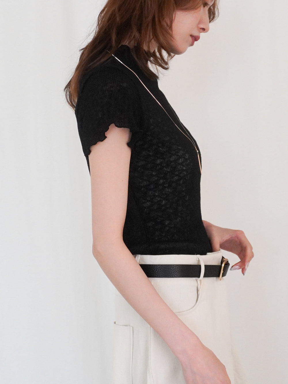Puff textured sheer メロウハイネックトップス