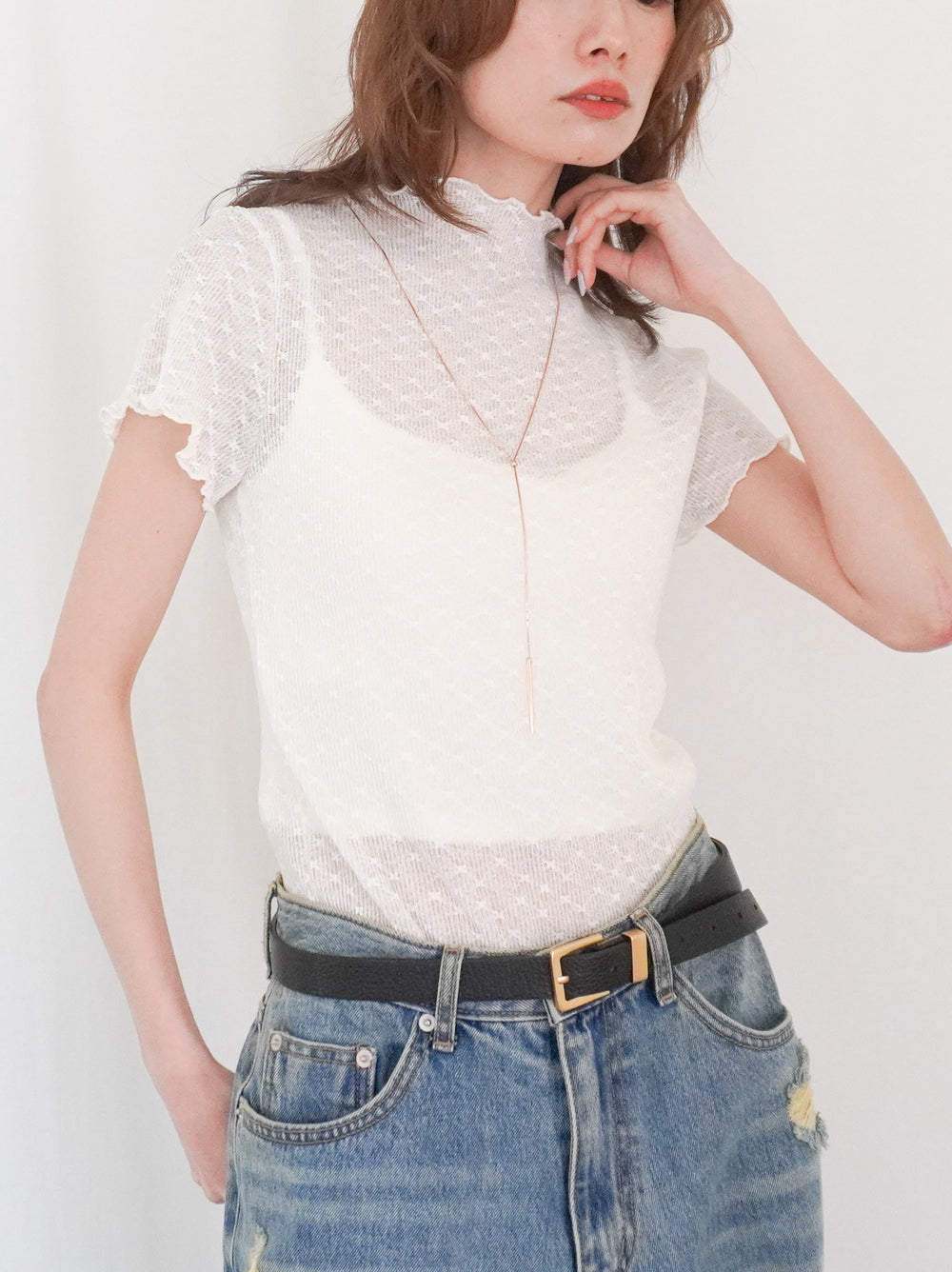Puff textured sheer メロウハイネックトップス