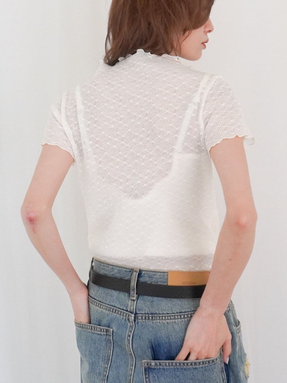 Puff textured sheer メロウハイネックトップス