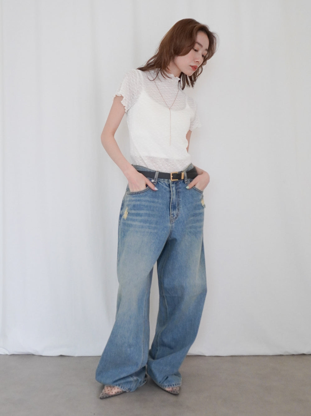 Puff textured sheer メロウハイネックトップス