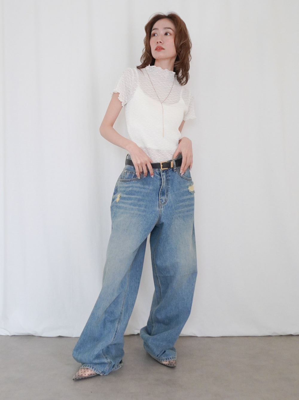 Puff textured sheer メロウハイネックトップス