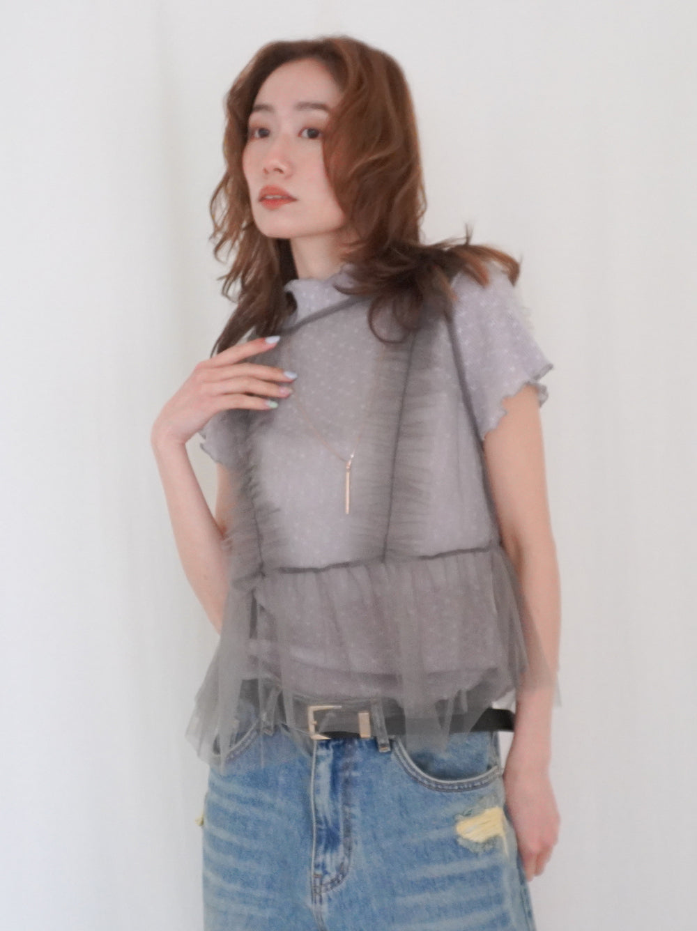 Puff textured sheer メロウハイネックトップス