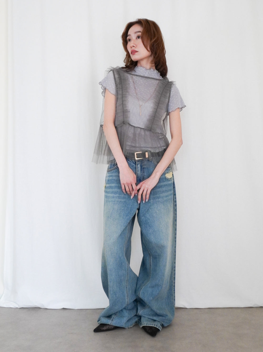 Puff textured sheer メロウハイネックトップス