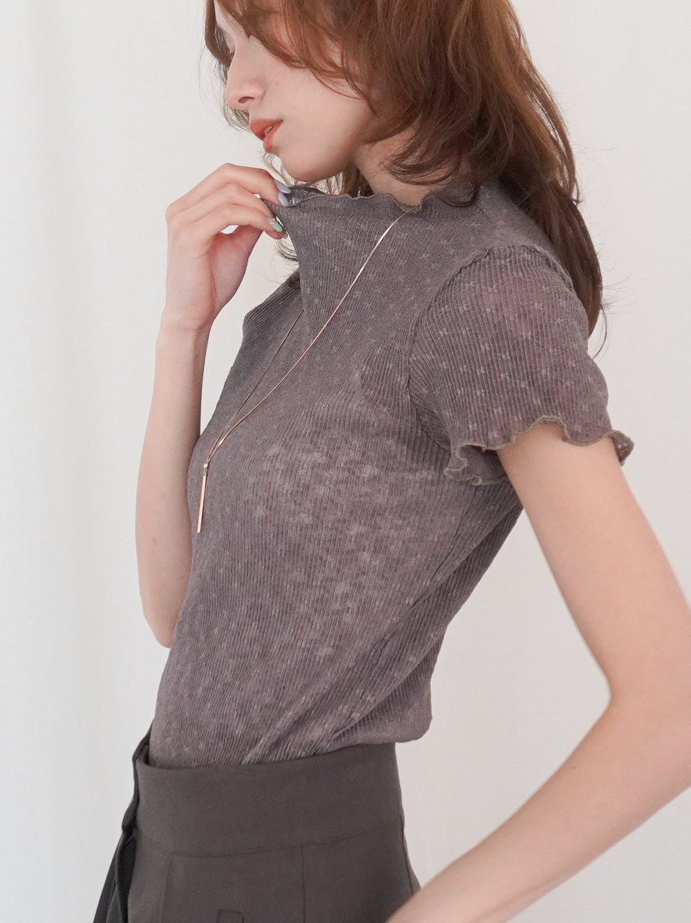 Puff textured sheer メロウハイネックトップス
