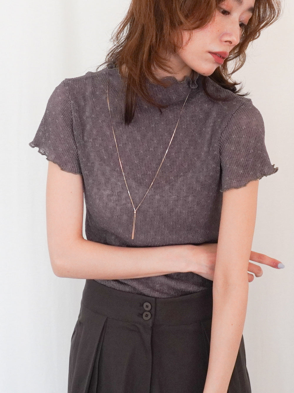 Puff textured sheer メロウハイネックトップス