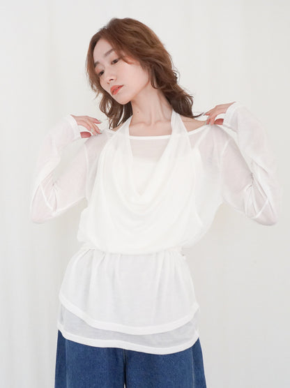 Halter layered ドレープラウンドネックトップス