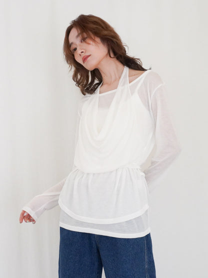 Halter layered ドレープラウンドネックトップス