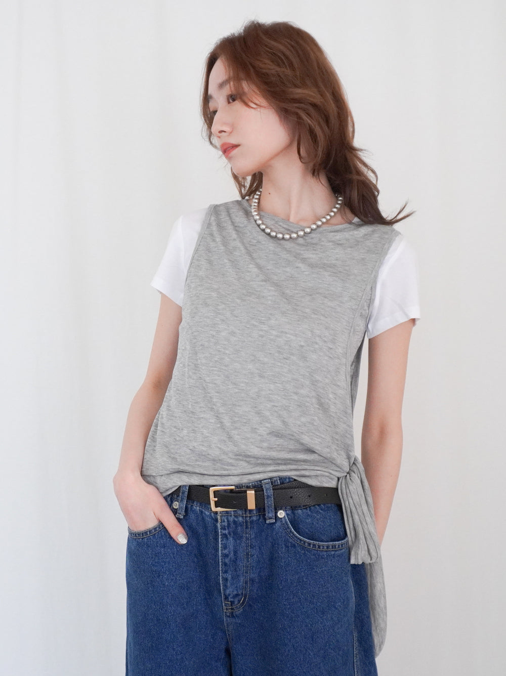 Double-layerシアーサイドリボントップス